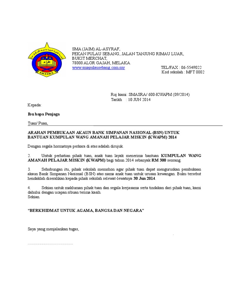 Contoh Surat Iringan Kembalikan Wang Kwapm
