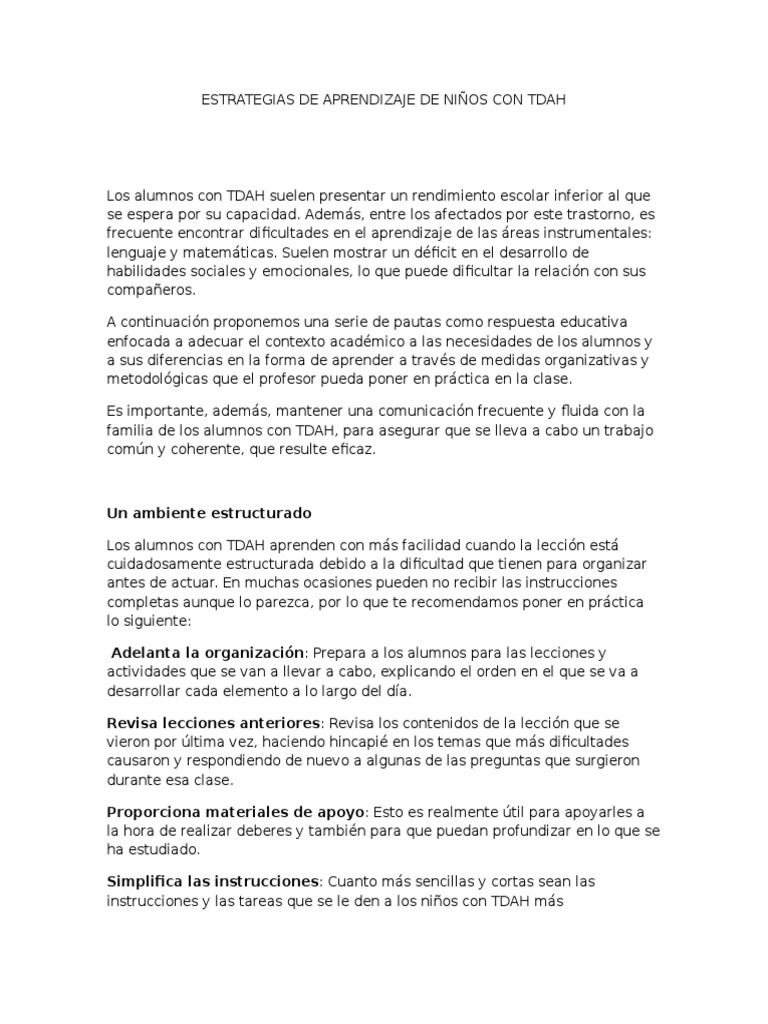 Estrategias de Aprendizaje para TDAH | PDF | Desorden hiperactivo y ...
