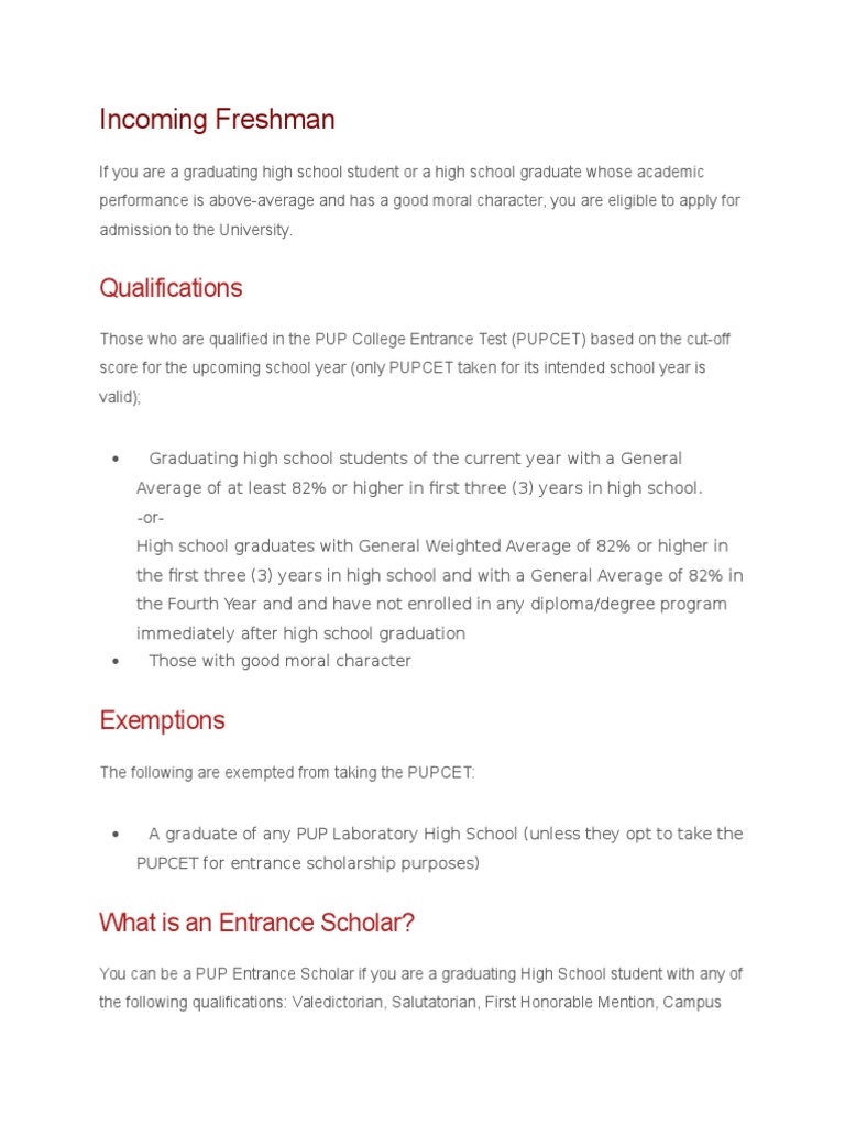 Freshman PUP Requirements Secondary School University