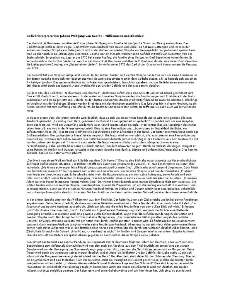 Gedichtinterpretation Johann Wolfgang Von Goethe Willkommen Und Abschied