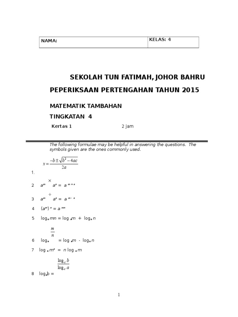 Sekolah Tun Fatimah, Johor Bahru Peperiksaan Pertengahan 