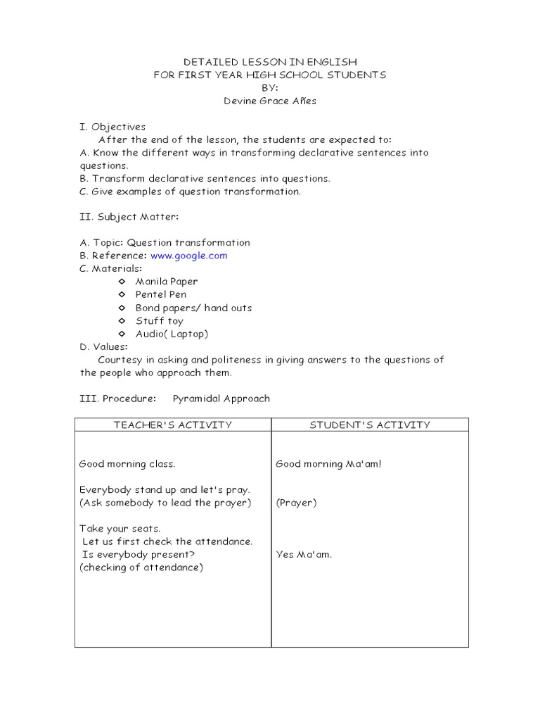 Detailed Lesson PlanQuestion Transformation. PDF Question Pronoun