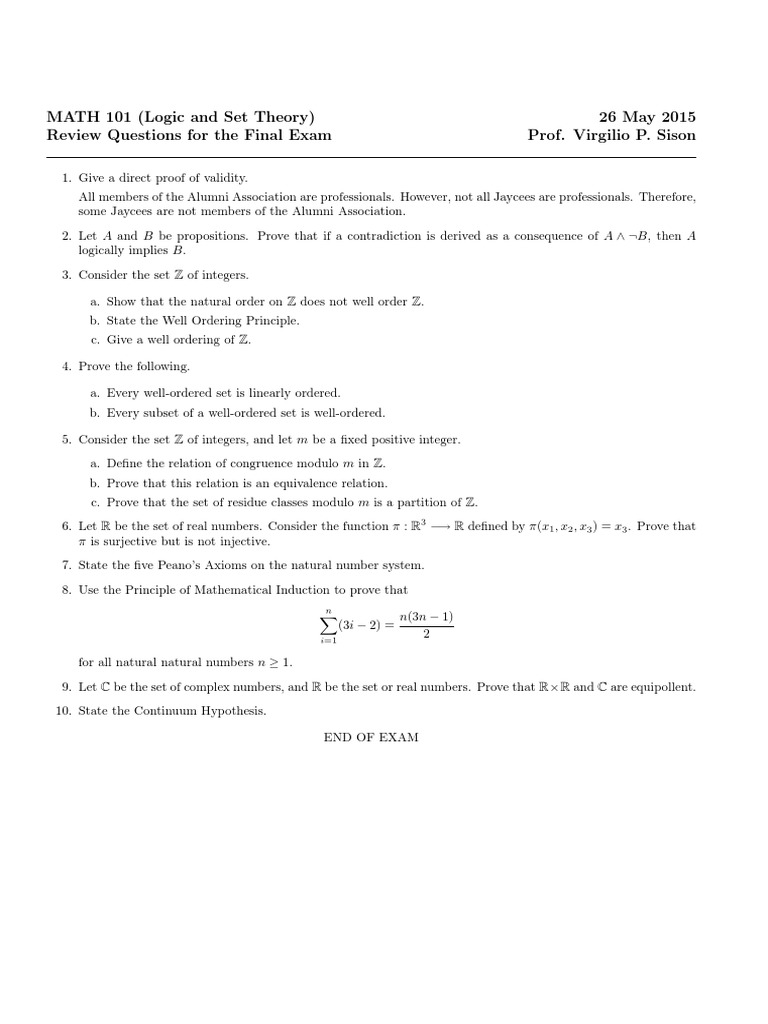 MATH 101 (Logic and Set Theory) 26 May 2015 Review Questions For The ...