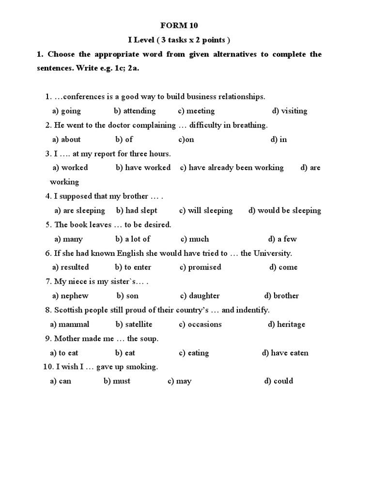 Form 10 I Level (3 Tasks X 2 Points) 1. Choose The Appropriate Word ...