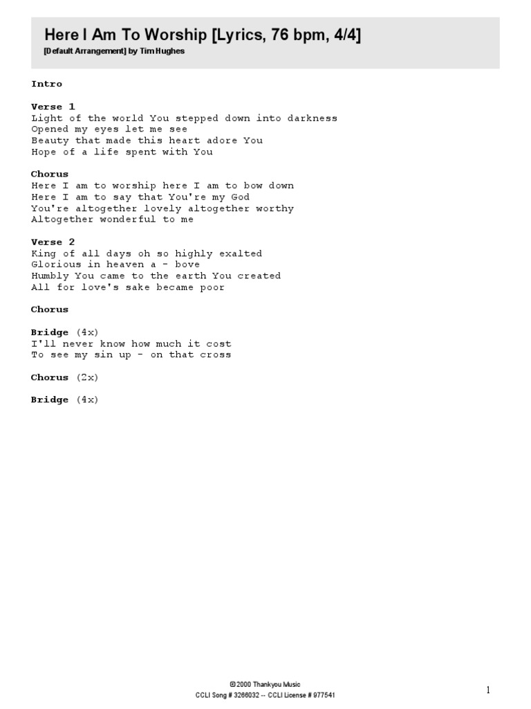 Here I Am To Worship Lyrics | PDF