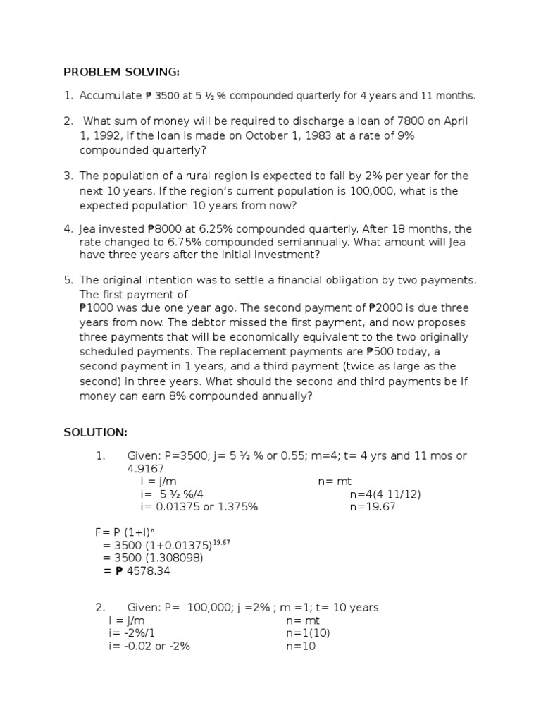 Problem Solving:: 3500 at 5 % Compounded Quarterly For 4 Years and 11 ...