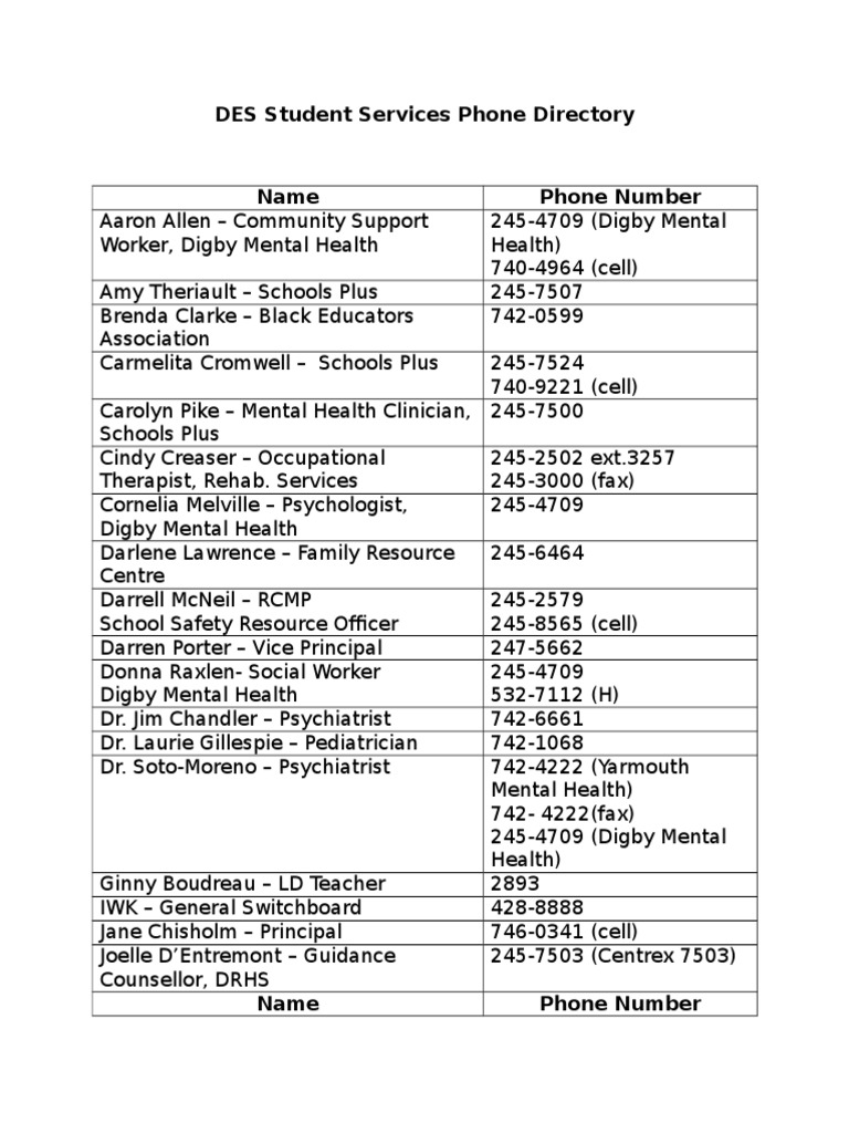 DES Student Services Phone Directory | PDF | Self-Improvement | Science ...