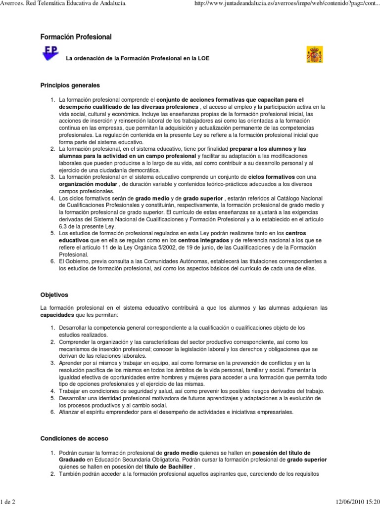 Ordenación de la FP en la LOE | PDF | Derecho laboral | Plan de estudios