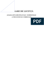 Lucrare de Licenţă: Analiza Situaţiei Financiar - Patrimoniale A Unei Societăţi Comerciale