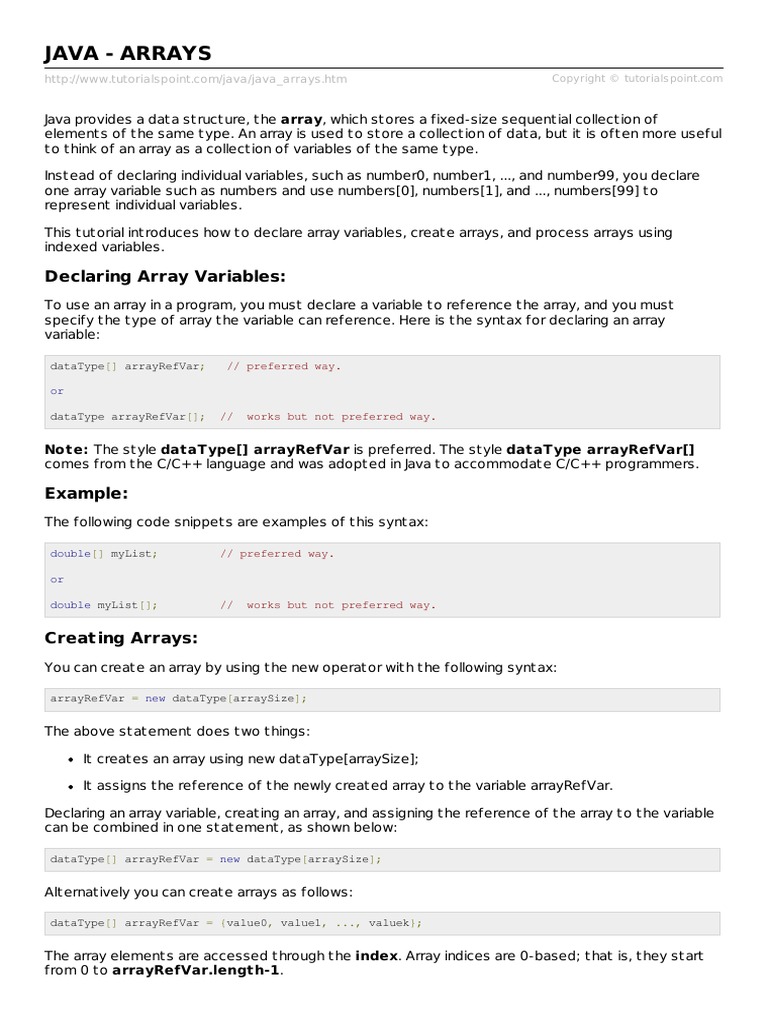 Java - Arrays: Declaring Array Variables | PDF | Software Development ...