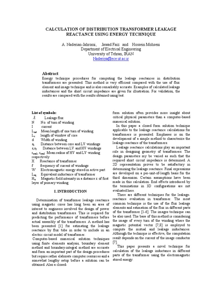 CALCULATION OF DISTRIBUTION TRANSFORMER LEAKAGE REACTANCE | PDF ...
