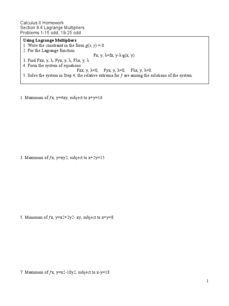 Calculus II: Lagrange Multipliers | PDF | Maxima And Minima ...