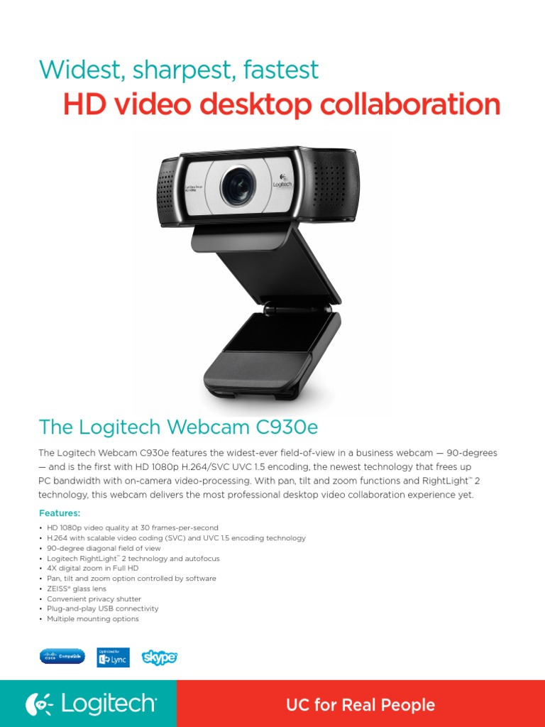 Logitech C930e Data Sheet PDF | H.264/Mpeg 4 Avc | Zoom Lens