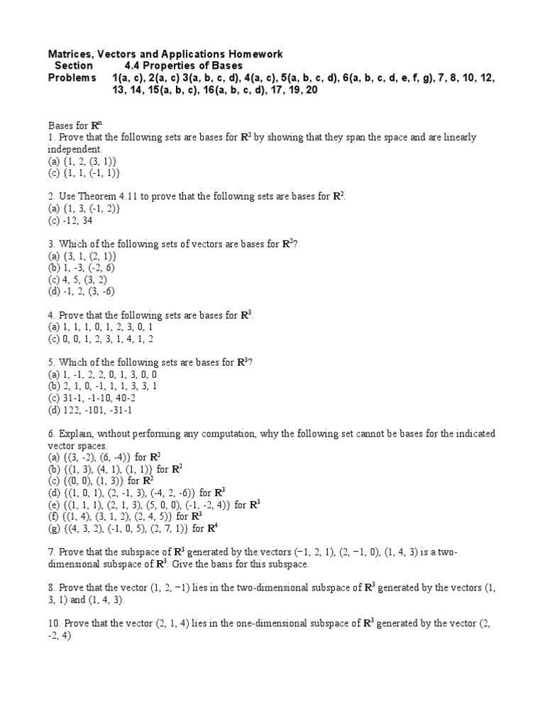 Matrices 4.4 Properties of Bases PDF Basis (Linear Algebra