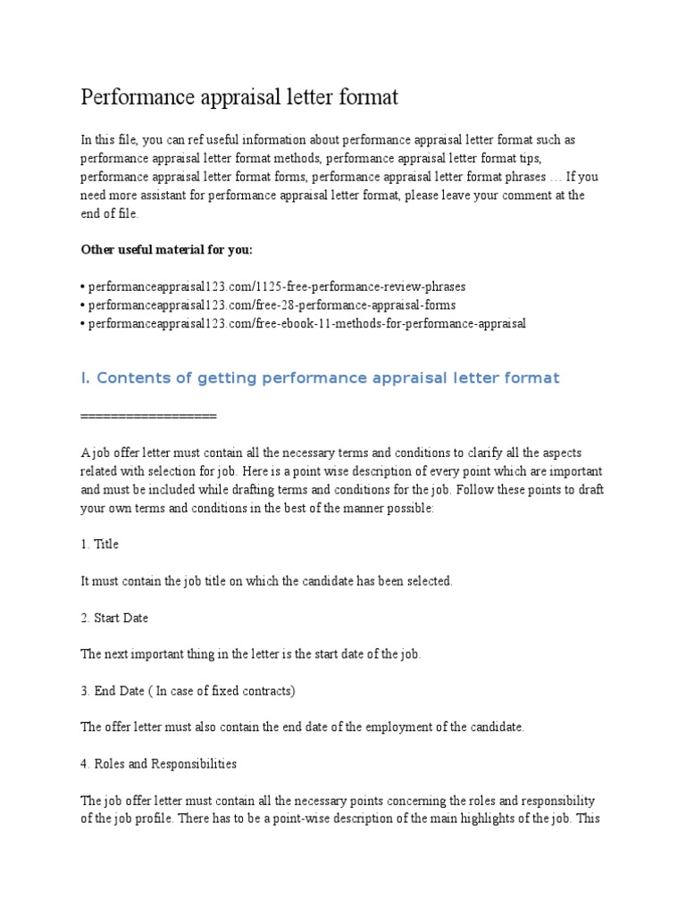 Performance Appraisal Letter Format Pension