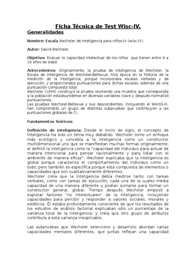 Ficha Técnica de Test Wisc-IV | PDF | Memoria | Memoria de trabajo