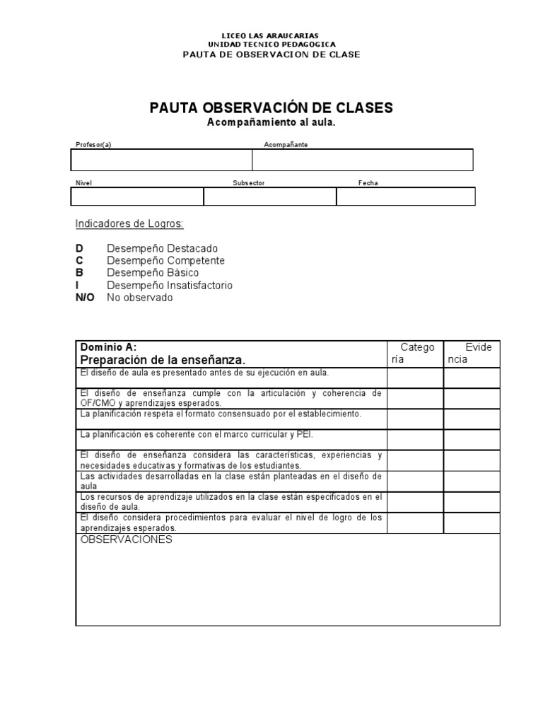 Pauta de Acompañamiento Al Aula | PDF | Salón de clases | Maestros