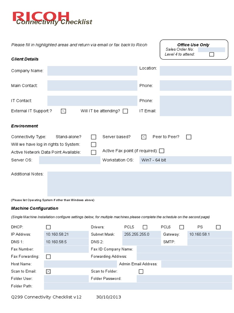 Ricoh Connectivity Checklist Form | PDF