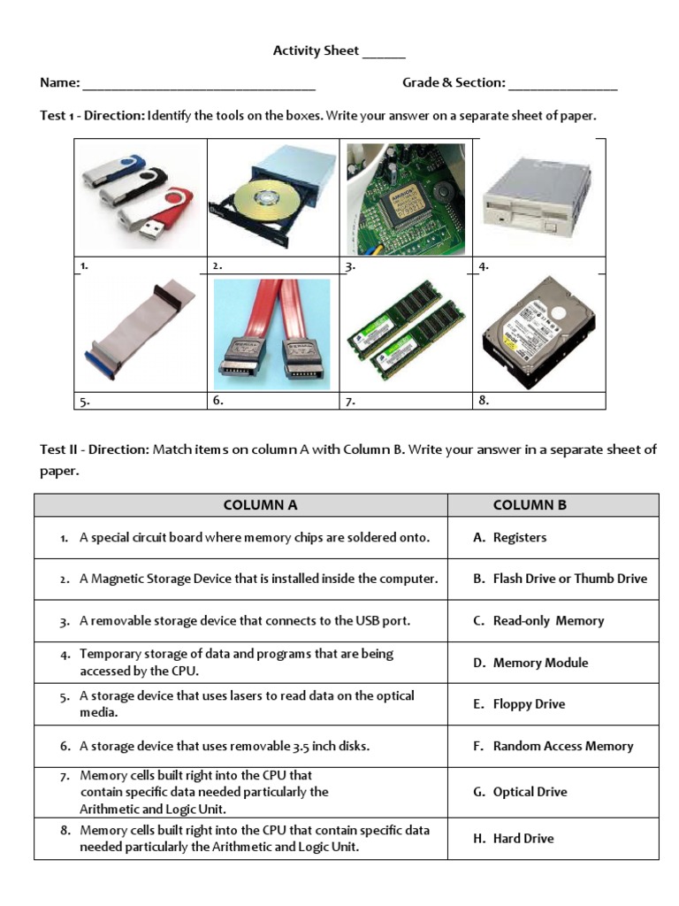 Computer Memory Tools Activity Sheet | PDF | Games & Activities | Computers