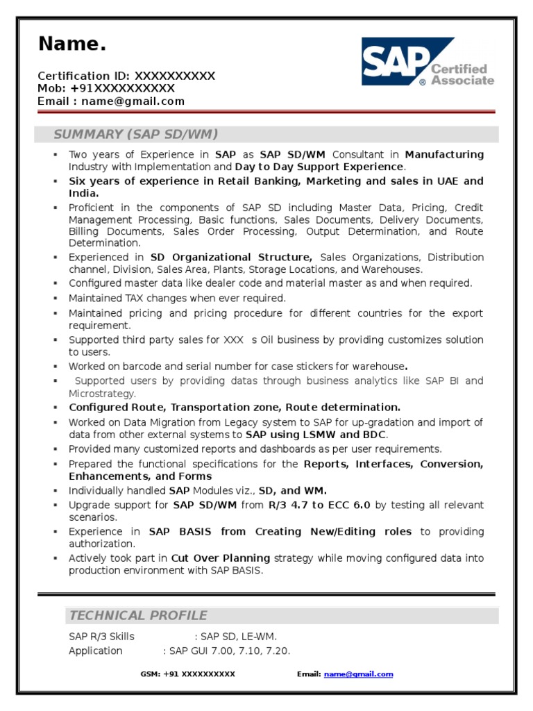 sap service delivery manager resume