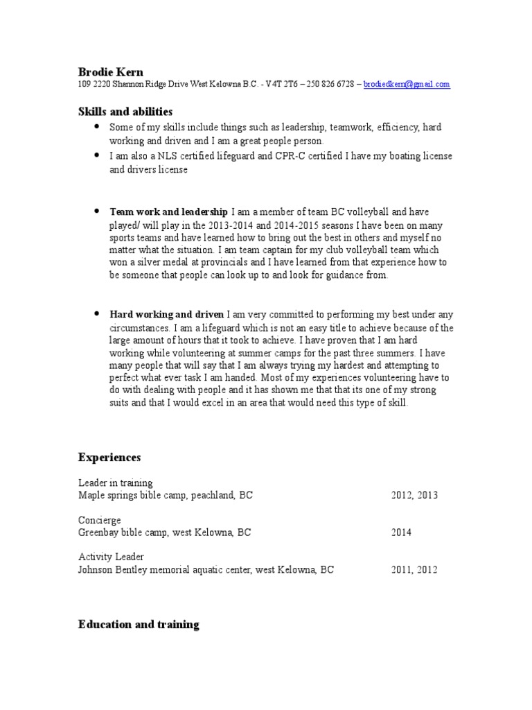 Brodie Kern's Skills and Experience Summary | PDF | Sports & Recreation ...