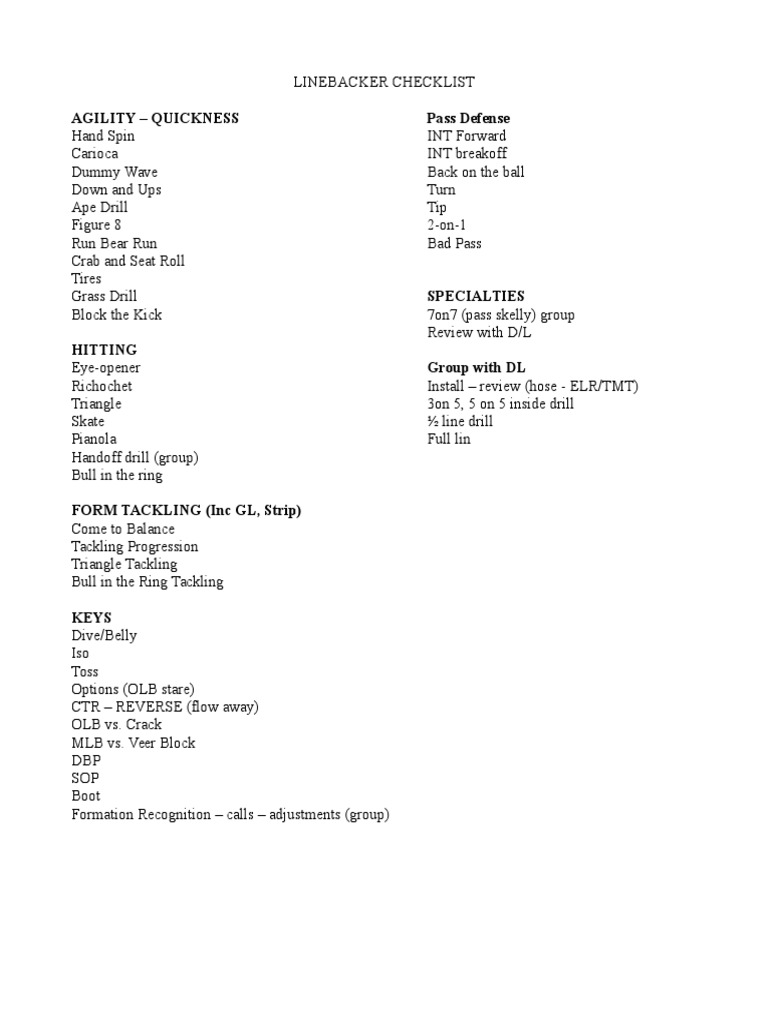 Linebacker Training Checklist Guide | PDF | Sports & Recreation | History