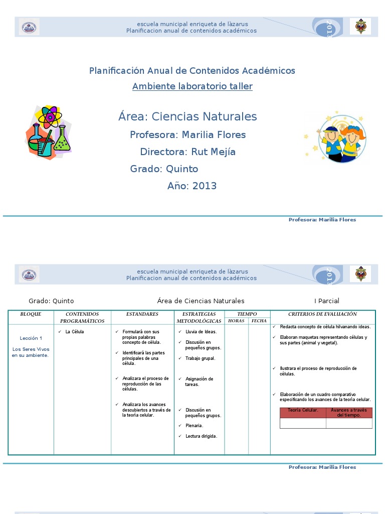 Planificación Anual de Ciencias Naturales Quinto Grado Invertebrado