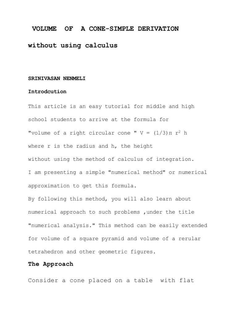 Cone Volume Derivation Without Calculus | PDF | Volume | Pi