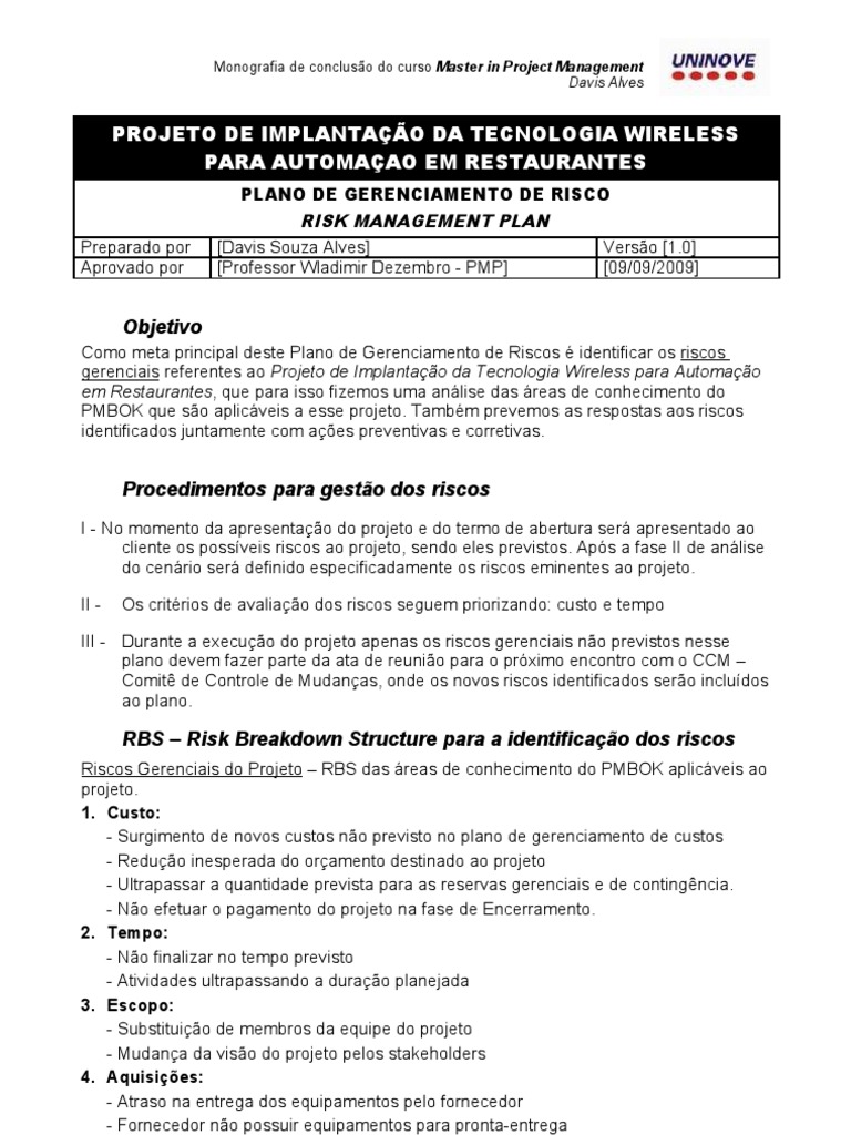 Gerenciamento de Riscos em Projetos Wireless | PDF | Gestão de projetos ...