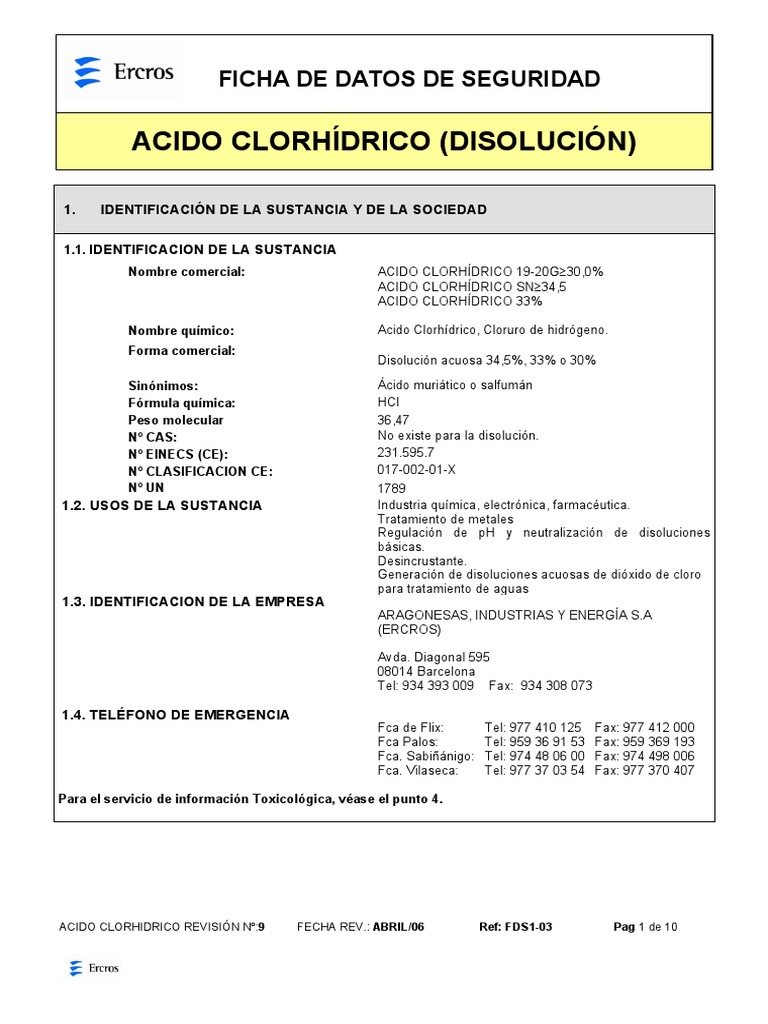 hoja de seguridad en acido clorhidrico.pdf Ácido clorhídrico Hidrógeno