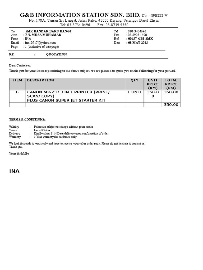 Quotation for Canon MX-237 Printer | PDF