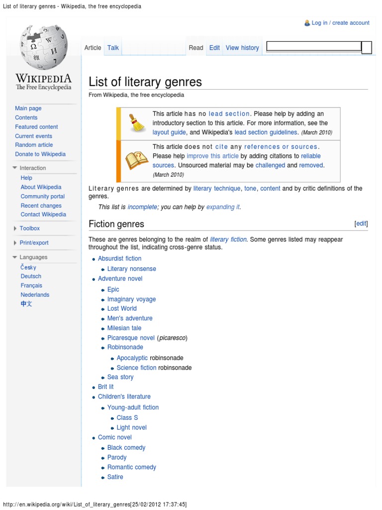 List of Literary Genres - Wikipedia, The Free Encyclopedia | Novels | Wikipedia