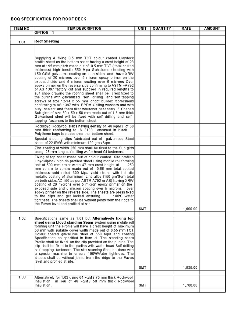 Boq Specification for the Roof Deck Sheeting Sheet Metal Fiberglass