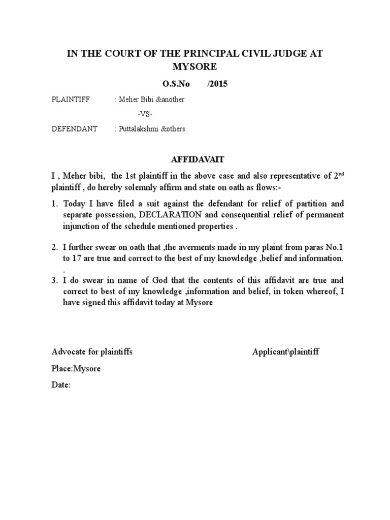 Affidavit in Support of Suit for Partition and Separate Possession of