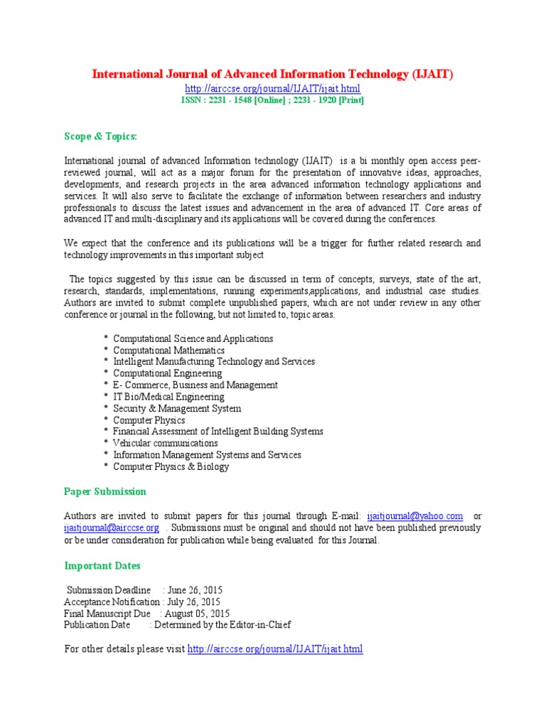 Advanced IT Journal: Call for Papers | PDF