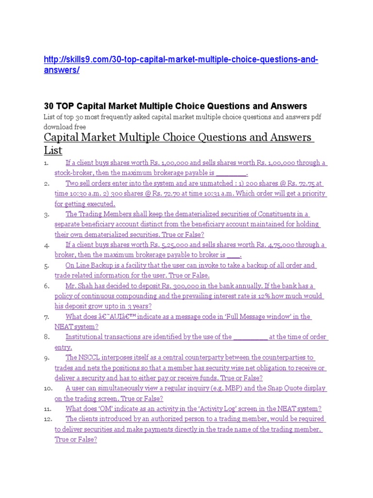 Capital Market Multiple Choice Questions and Answers List Securities