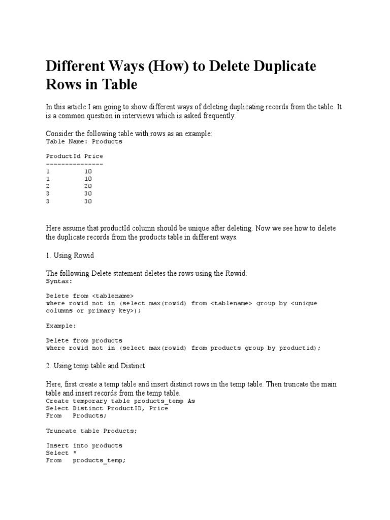 Deleting Duplicate Rows in SQL Tables | PDF | Computers | Technology ...