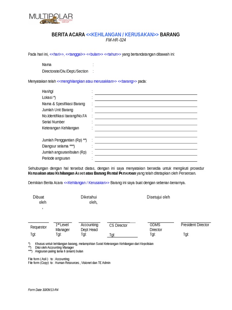 Contoh Surat Berita Acara Kehilangan Barang