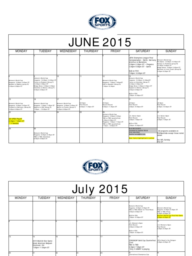 Fox Sports June 2015 Schedule | PDF | Fox Broadcasting Company ...