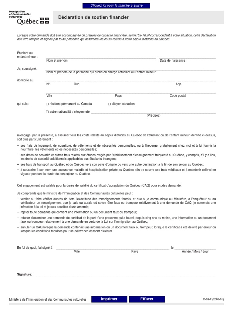 Declaration De Soutien Financier Pdf Pdf Quebec Ecoles