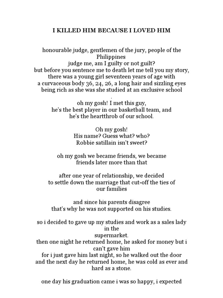 I Killed Him Because I Loved Him Declamation Piece Pdf Violence