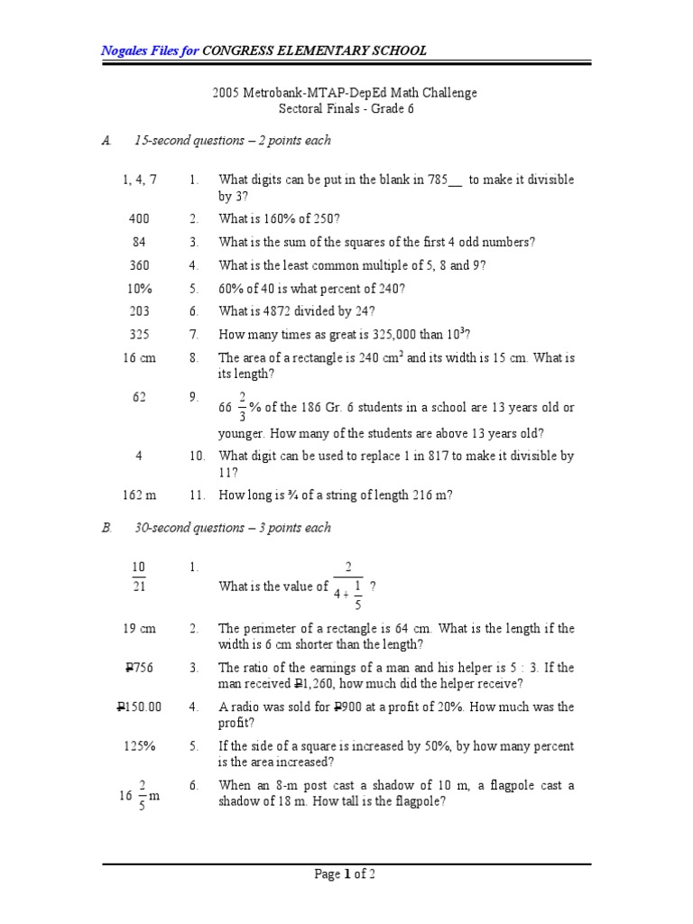 2005 Math Challenge Questions for Grade 6 | PDF