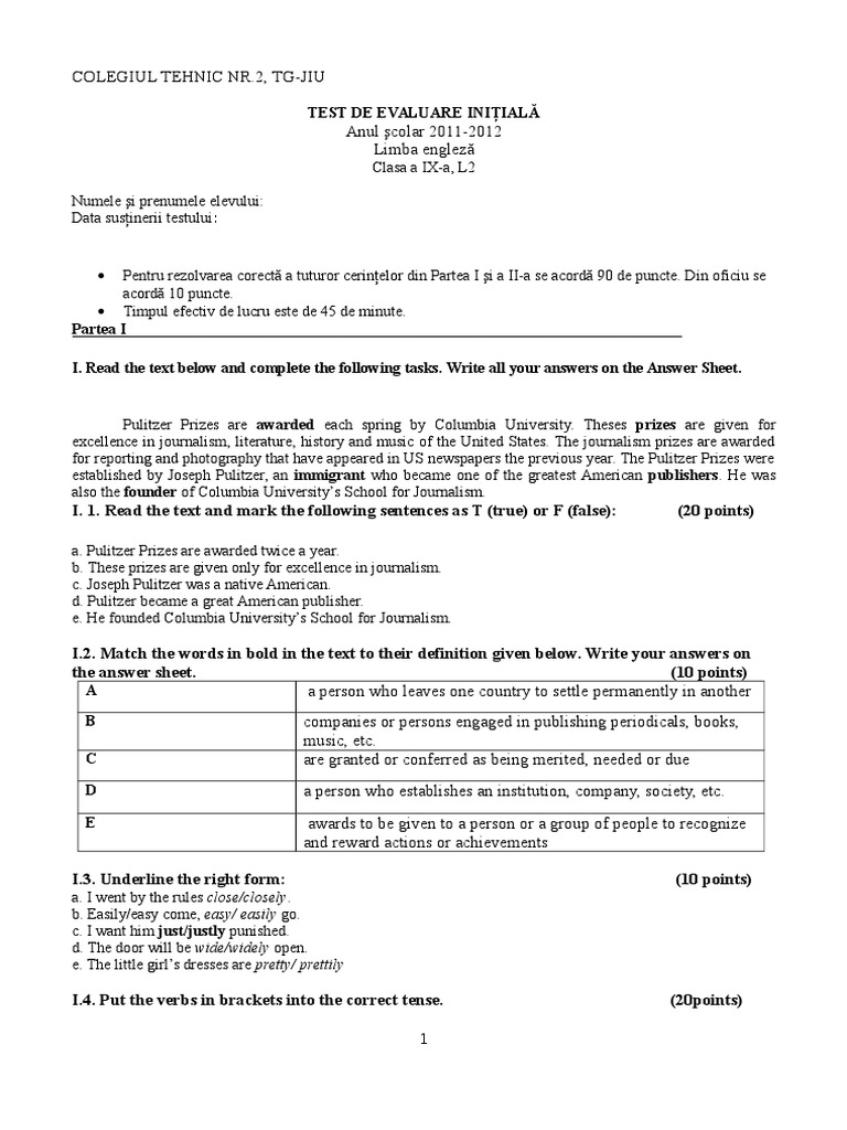 Test de evaluare inițială engleză clasa 9 | PDF | Ellipsis | Vocabulary