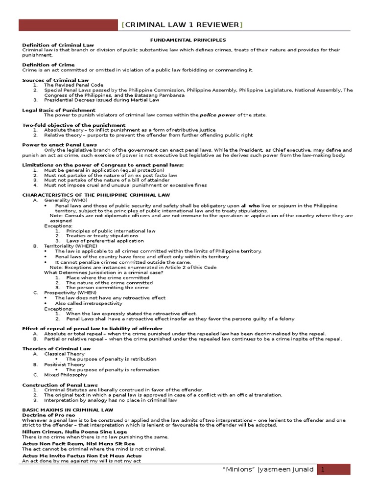 Crim Law 1 Reviewer For Mt Pdf Intention Criminal Law Crime