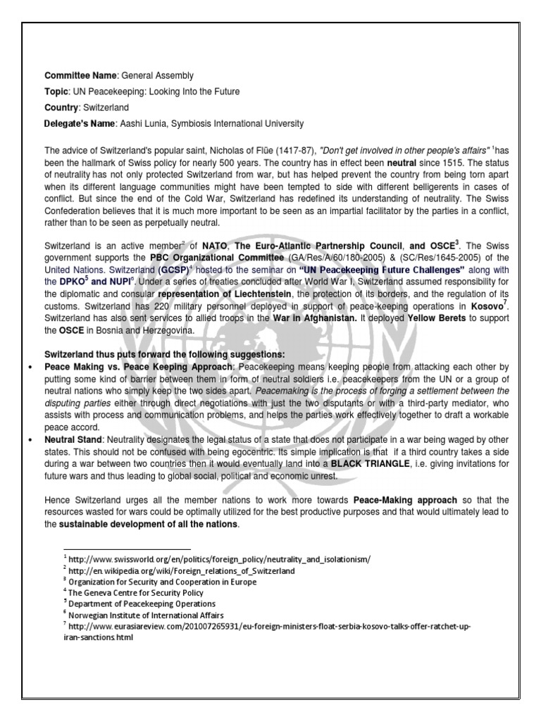 Sample Position Paper For Mun Peacekeeping Switzerland