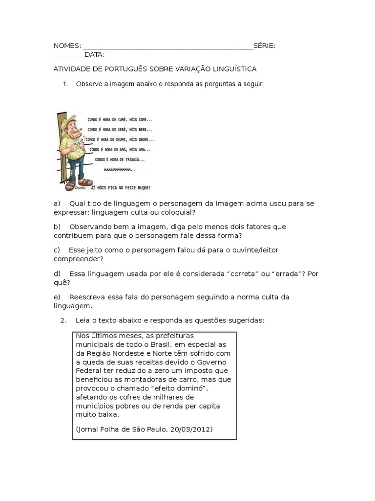 Atividades Variedades Linguisticas Ensino Médio Com Gabarito