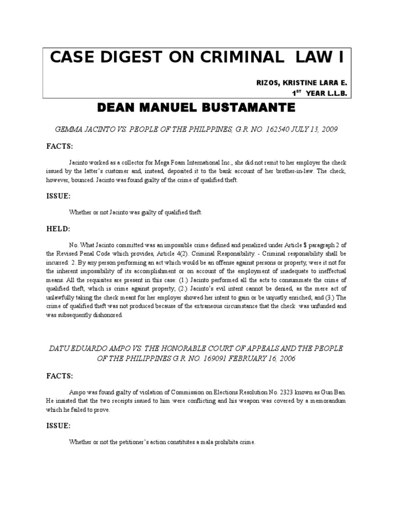 Case Digest: Jacinto v. People | PDF | Crime & Violence | Crime Thriller