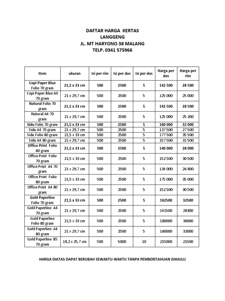 Daftar Harga Kertas PDF PDF