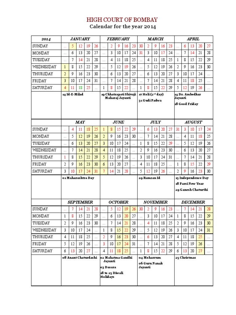 High Court Calender 2014 | PDF | Observances | Holidays