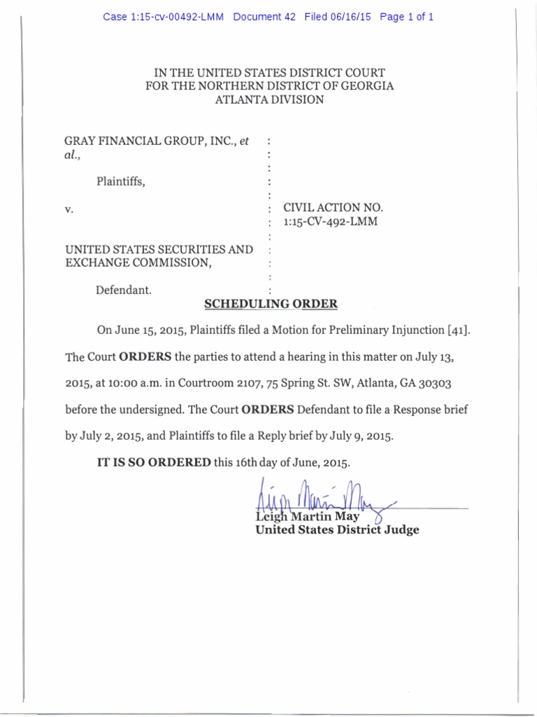 Order Scheduling Hearing For Preliminary Injunction PDF